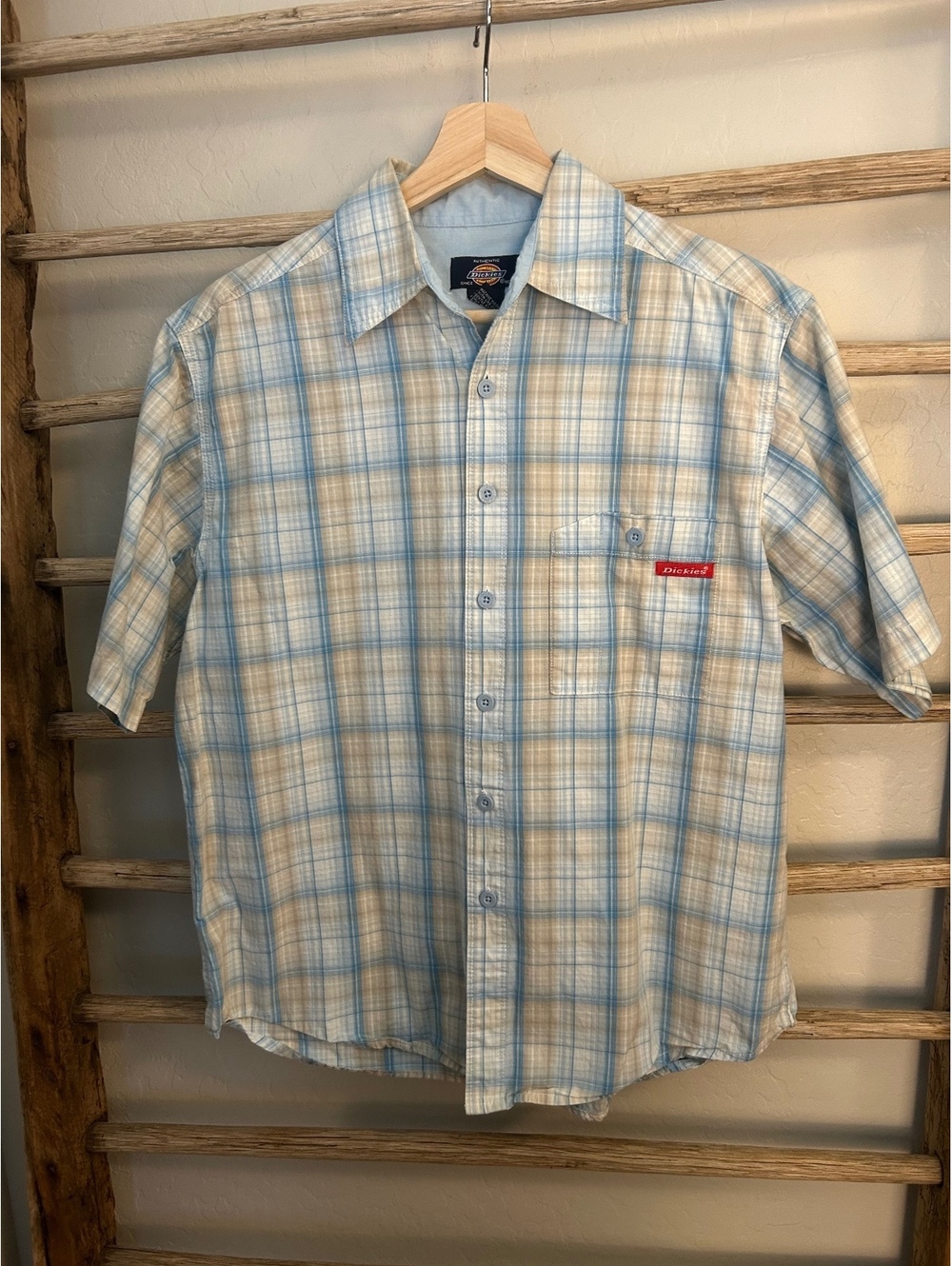 Dickies Authentic Light Blue Plaid Short Sleeve Button-Up Shirt